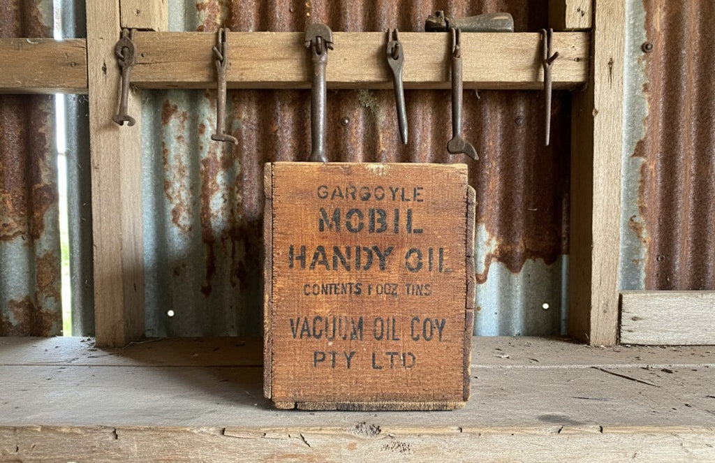 Vintage Gargoyle Mobil Handy Oiler 1 Dozen Tin Wooden Crate