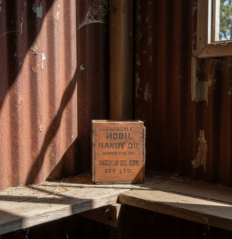 Vintage Gargoyle Mobil Handy Oiler 1 Dozen Tin Wooden Crate