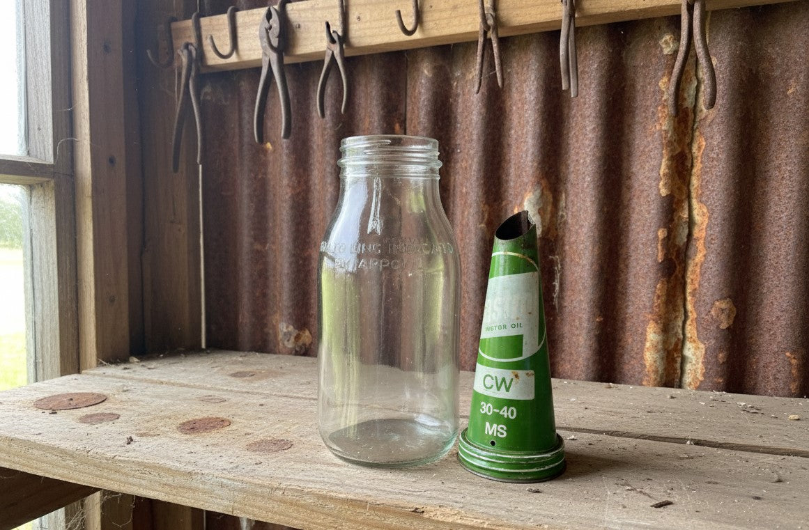 Vintage Oil Bottle Glass with Castrol (CW 30 - 40 MS) Metal Pourer