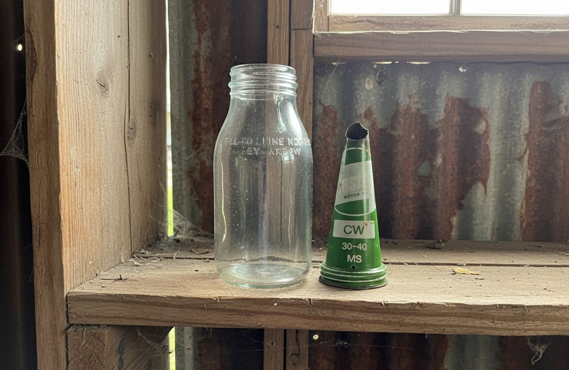 Vintage Oil Bottle Glass with Castrol (CW 30 - 40 MS) Metal Pourer