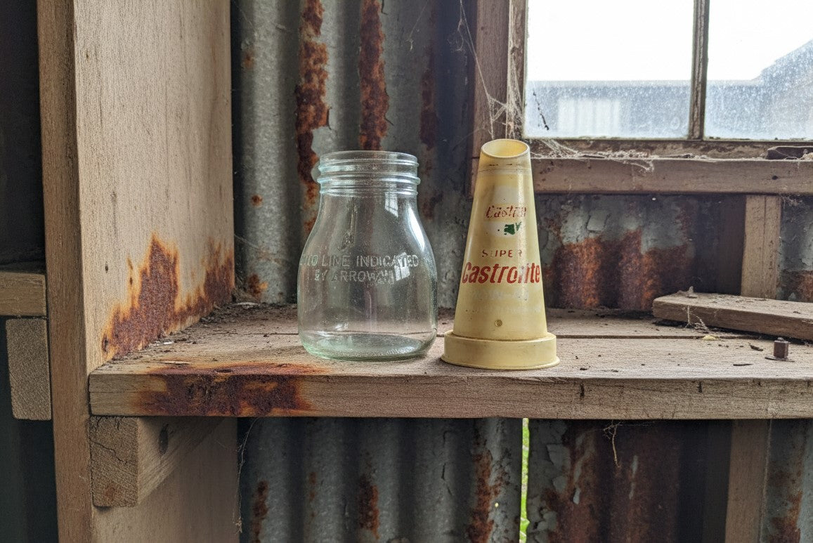 'Super' Castrolite Glass Oil Bottle with Plastic Pourer